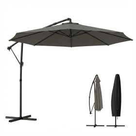 10 ft Offset Patio Umbrella with Cover, Hanging Cantilever Umbrella with 360Â° Rotation, Crank Handle, Tilt, Gray