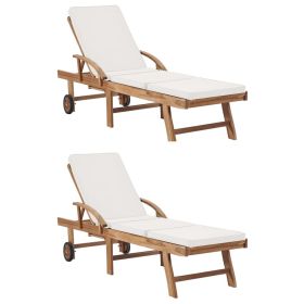 Sunlounger Set of 2 Cream Solid Teak Wood Extra Long