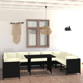 10 Piece Patio Lounge Set with Cushions Poly Rattan Black