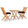 3 Piece Bistro Set with Black Cushions Solid Teak Wood