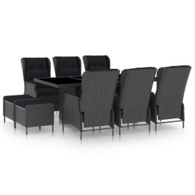 9 Piece Patio Dining Set with Cushions Poly Rattan Dark Gray (Color: Grey)