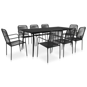 Dining Set Black Cotton rope, powder-coated steel, tempered glass (Color: Black)