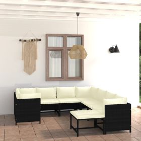 9 Piece Patio Lounge Set with Cushions Poly Rattan Black (Color: Black)
